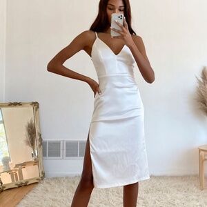 Lulus Stunning Sight White Embroidered Lace Satin Midi Dress - Size S